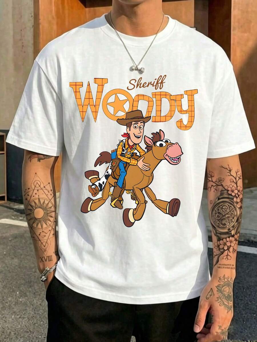 Disney Toy Story Men's Cotton T-Shirt With Sheriff Woody & Bullseye Print, Retro Western Style, Soft Fabric For Casual Everyday Wear. - 白色 - 查看 1