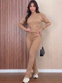 Women's Ribbed Knit Set: Long-Sleeved Blouse With Heart Details, High-Waisted Pants With Adjustable Drawstring, Casual, Autumn/Winter Knitwear. - 稻草 - 查看 7