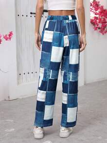 Plus Size Women's Denim Effect Print Drawstring Long Pants Vacation - Blue - View 3