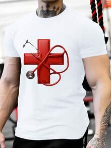 Camiseta Casual de Manga Corta para Hombre, Estampado de Cruz Roja y Estetoscopio - Algodón Transpirable, Cuello Redondo, Moda de Verano 180g - Blanco - Ver 1