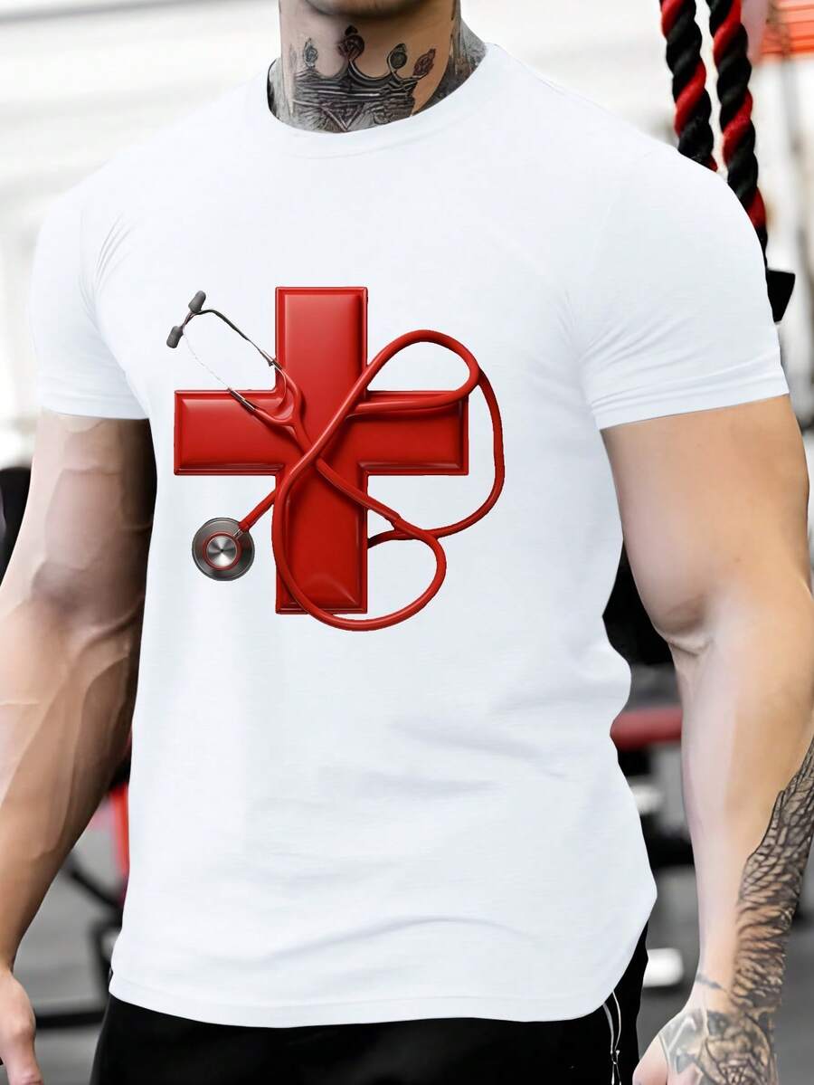 Camiseta Casual de Manga Corta para Hombre, Estampado de Cruz Roja y Estetoscopio - Algodón Transpirable, Cuello Redondo, Moda de Verano 180g - Blanco - Ver 1