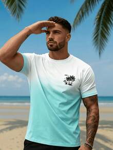 Men's Gradient Coconut Tree Print Short Sleeve T-Shirt, Suitable For Summer Beach Vacation And Casual Wear, Quick-Dry Crew Neck Top - Multicolor - View 2
