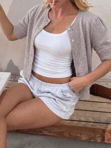 FOR BEAUTY Spring Summer Y2K Casual Knit Tops Solid Color Ribbed Slim Fit One Shoulder Cropped Cami Top Party Clubwear Streetwear - Brown - View 4
