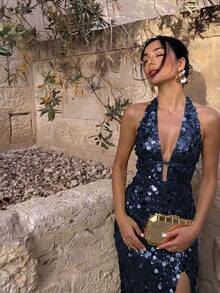 CHOSMO Robes Corset pour Femmes, Robe de Bal, Robe d'Invitée de Mariage, Robes de Bal pour Femmes, Robes de Bal Formelles pour Femmes pour le Lycée, Pois Couleur Unie Brillante Soirée Romantique Sexy Formelle - Bleu marine - Voir 3