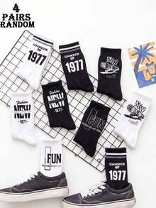 4 paires de chaussettes mi-mollet pour hommes, contraste noir & blanc aléatoire avec lettres & chiffres, haute élasticité, côtelées, respirantes, absorbantes, portables toute l'année, style de rue cool, convient pour le campus, les sorties, le quotidien, les festivals de musique, les fêtes, les sports - Multicolore - Voir 2