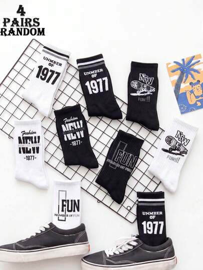 4 pares de calcetines de media pantorrilla para hombre con contraste aleatorio de letras & números en blanco & negro, alta elasticidad, acanalados, transpirables, absorbentes de sudor, para todas las estaciones, estilo callejero cool, adecuados para campus, salidas, uso diario, festivales de música, fiestas, deportes