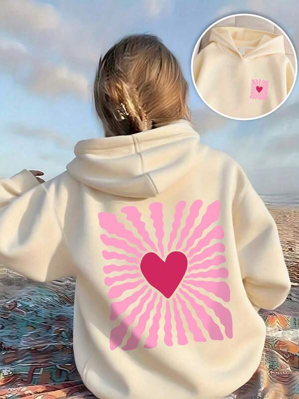 1pc Girls Casual Heart Print Pullover Sweatshirt, Hooded Long Sleeve Design, Suitable For Autumn/Winter Wear
