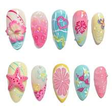 24pcs Summer Press On Nails Medium Almond Fake Nails With 3D Flower Starfish Designs Summer Beach False Nails Pearl Glue On Nails Handmade Full Cover Acrylic Nails Stick On Nails For Women - Hoa sao biển - Xem 7