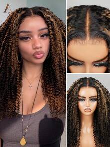 ARABELLA Afro Kinky Locken Blonde Highlights 6x6 T-Part Lace Frontal Perücke 100% Echthaar Mittelscheitel Transparente Spitze Vorgeschnitten Klebstofffrei 150% Dichte 14-16 Zoll Vorbleichen Kleine Knoten Frauen - Verschiedenfarbig - Übersicht 3