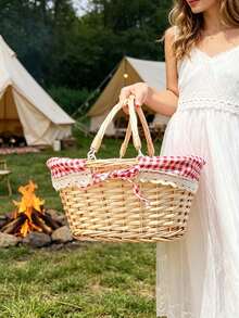 1pc Handwoven Wicker Picnic Basket With Lace Bow Decor Lined Fabric Lining Multi Style Red Gingham Check Pattern Portable Basket With Handle For Outdoor Picnic Camping - Multiple Styles - View 4