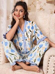 Women's Blue Tulip Floral Print Contrast Color V-Neck Ruffle Short Sleeve Button-Up Top + Wide Leg Pants 2-Piece Pajama Set - Multicolor - View 2