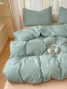 Blue And White Colorblock Washed Polyester Skin-Friendly 3 PiecesDuvet Cover Set - Mint Green - View 5