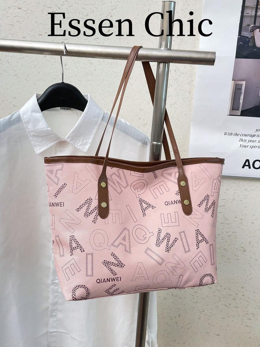 1件裝粉色夏季新款金屬鉚釘裝飾大容量字母拼接PU托特包女款單肩包 - 粉色 - 查看 1