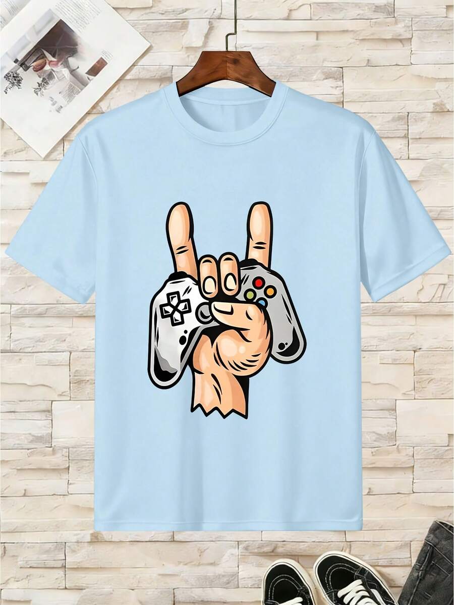Pure Cotton T-Shirt For Boys With Video Game Controller Design - 淺藍色 - 查看 1