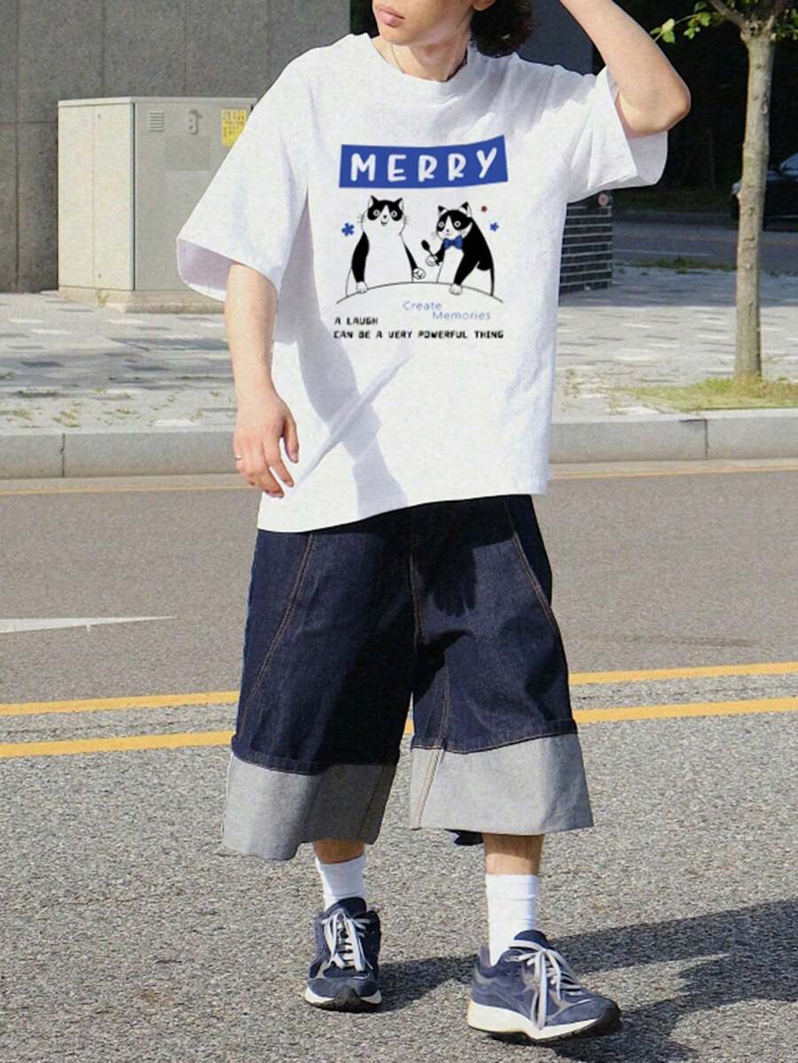 Camiseta blanca con estampado de gato de dibujos animados y letras de  para hombre, estilo urbano americano, de verano, de algodón puro. - Blanco - Ver 1