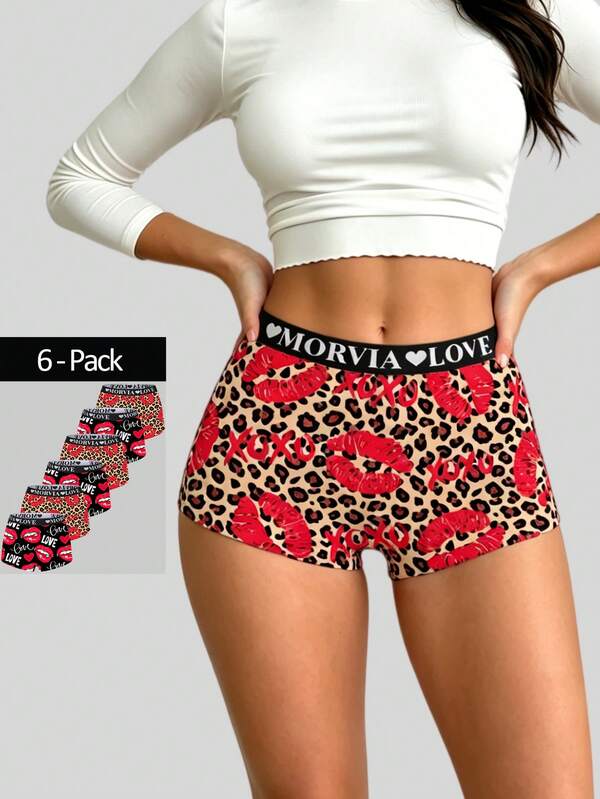 Dircho 6pcs Women's Leopard & Lip Print Hipster Panties, Soft Mid-Waist Boy-Style Underwear, Elastic Waistband, Underwear Set