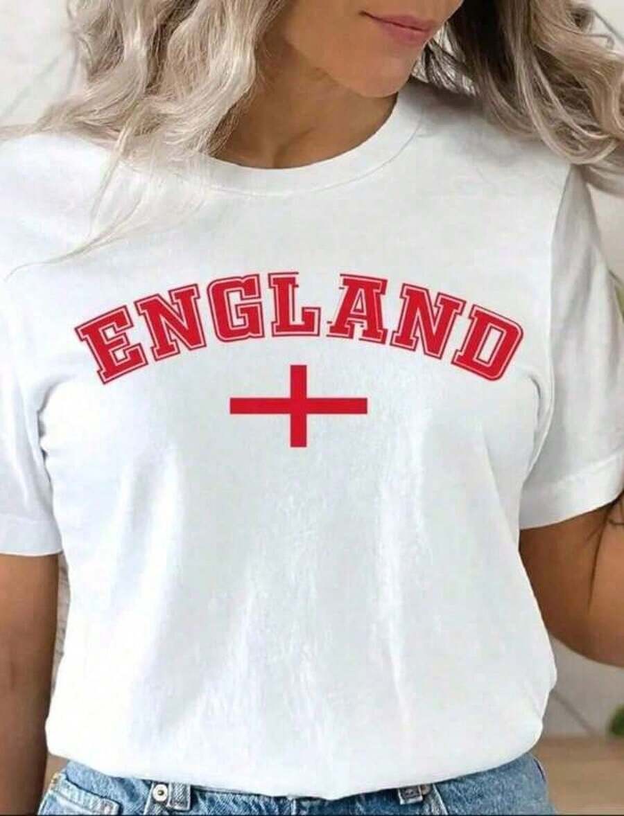 Women's Fashion Graphic Print Short Sleeve T-Shirt, Men's And Women's England Team Cotton Graphic Tees, England T-Shirt, Summer T-Shirts, Top - 白色 - 查看 1