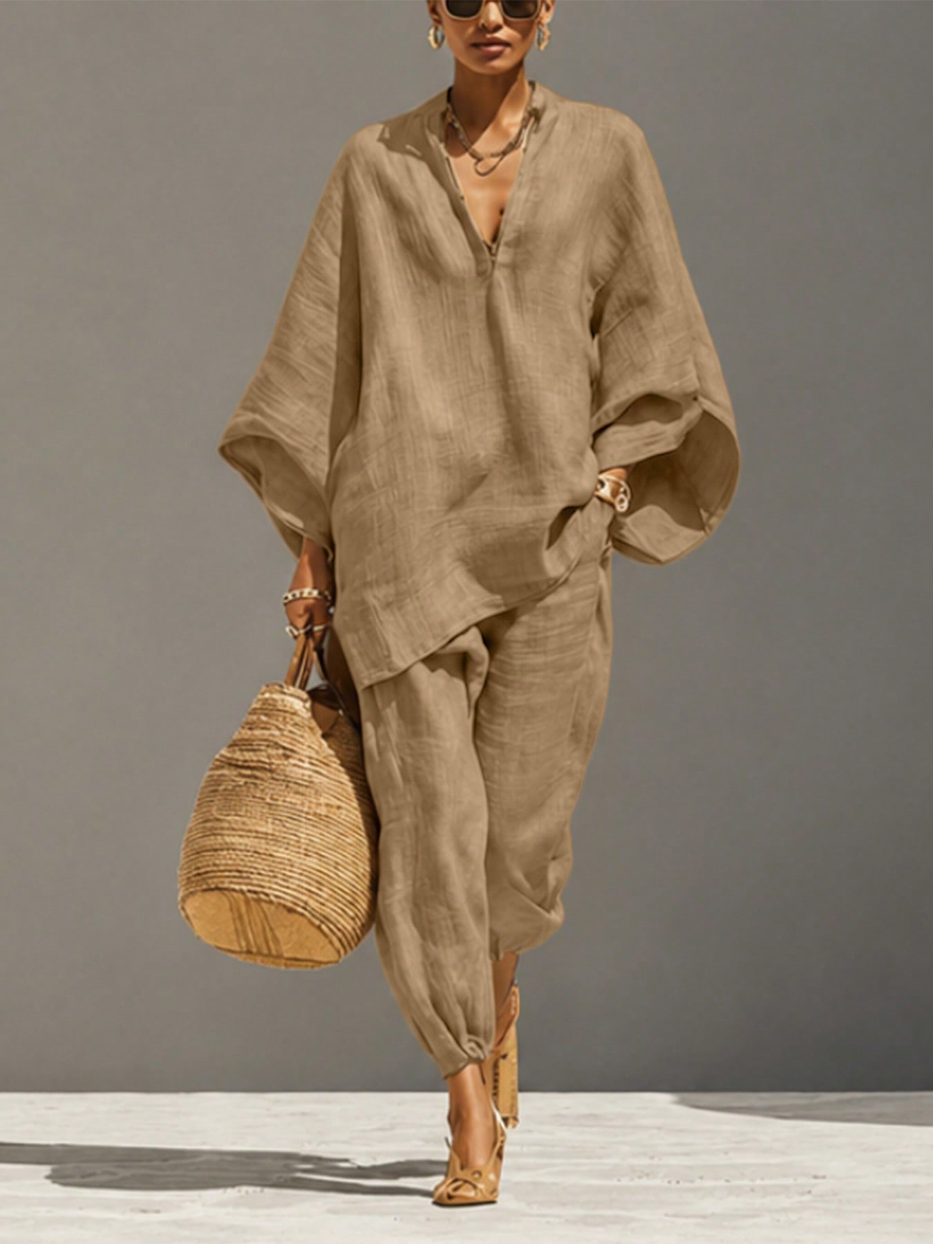 Women's Solid Color Elegant Casual V-Neck Set Brown — photo 6