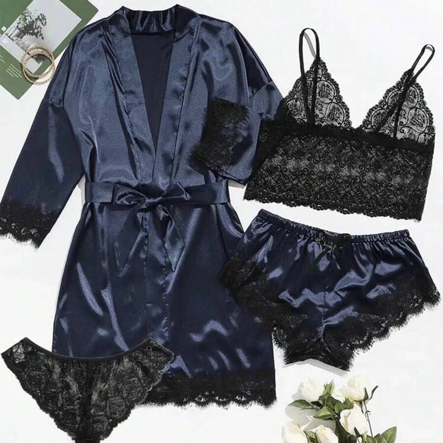 Sexy Women's Pajamas, Nightgowns, Lingerie, Shorts, 4-Piece Lace Camisole, Pajama Set, Loungewear, Nightgowns, Leisurewear - 藍色 - 查看 1