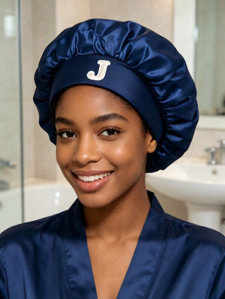 1pc 26 Letter Pattern Satin Sleep Cap, Wide Elastic Hair Protection Cap, Soft Silky Night Hair Care Accessory, Suitable For Home And Travel - Navy Blue - View 4