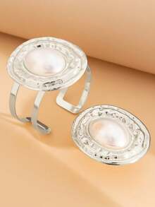 1 Set/2pcs Gorgeous Fashionable Exaggerated Design Metal Oval Inlaid Faux Pearl Geometric Open Adjustable Bracelet + Ring Women's Jewelry Set - Geometric Bracelet and Ring Set - View 6