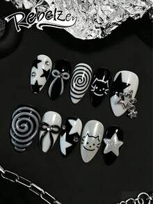 10pcs Handmade Vintage Y2K Press-On Nails, Medium Almond Shape Acrylic Nail Tips, Mirror Glossy Black & White Color Scheme, Cute Cat, Star, Bow, Spiral & Star Pendant Nail Art, Travel Essential, Suitable For Daily & Casual Wear, Easy To Apply & Reusable Nail Supplies, Short Summer Nail Art. Perfect Choice For Party, Friends Gathering, Birthday Gift. - Black and White - View 4