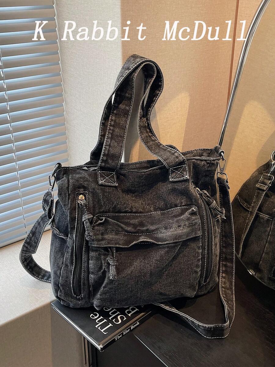 新款時尚休閒多口袋牛仔布托特包，百搭通勤大容量女款單肩包，學院風大學生上課包