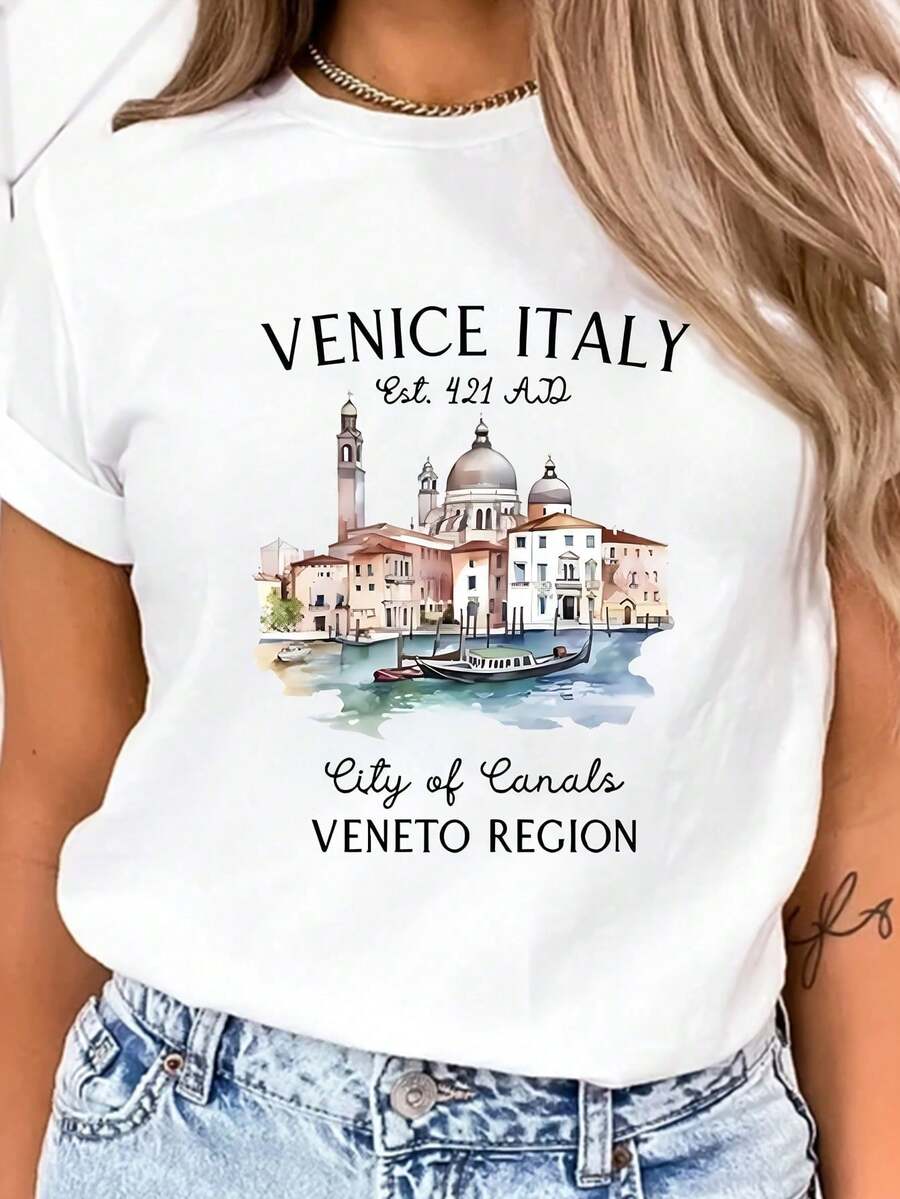 short sleevesCamisetas Ligeras con Estampados Gráficos para Mujer - Diseño de Venecia, Italia - Corte holgado, cuello redondo, estilo deportivo, lavable a máquina, con estampados de barcos b - Blanco - Ver 1