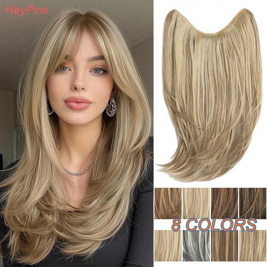 HEYPINK Women's V-Shaped Clip-In Hair Extension 18 Inch Single Piece Synthetic Straight Hair 5 Clips Full Hair Piece Dark Chocolate, Halloween - Dark Brown - View 1