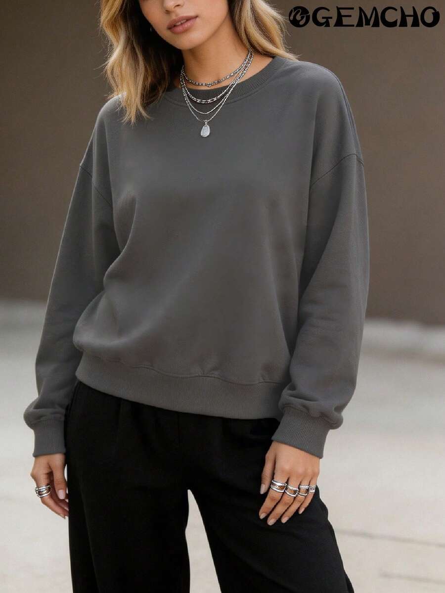 Women's Casual Round Neck Sweatshirt Basic Solid Color Sweatshirt Minimalist Daily Spring/Summer Style - Grey - View 1