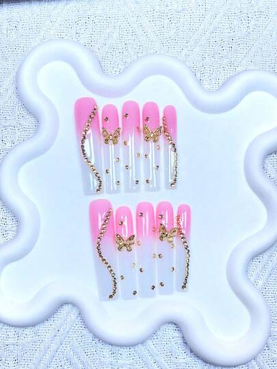 10 miếng móng tay giả dán dài hình vuông - móng ombre hồng & trong suốt với charm bướm vàng 3D & dây xích đính đá, móng giả sang trọng tái sử dụng cho nữ