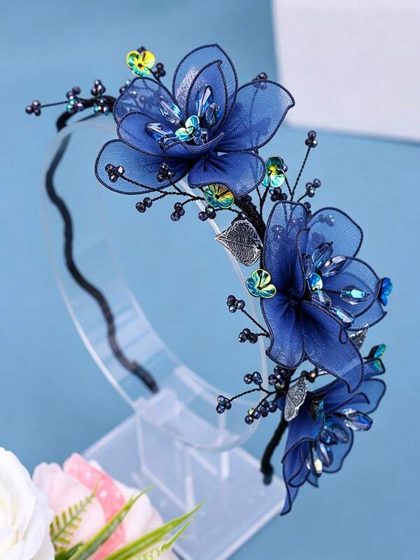 KOVLYNE Elegant Dark Blue Silk Flower Headband, AB Shiny Crystal Silver Leaf Floral Hair Accessory Styling Supplies For Formal Gala, Bridal & Cocktail Party ﻿