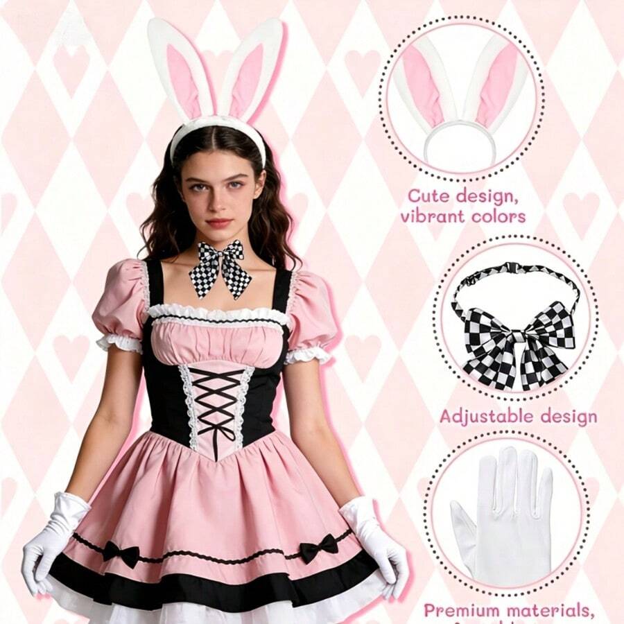 5-Piece White Rabbit Costume Accessory Set, Plush Rabbit Ear Headband, Black & White Plaid Bow Tie, Round Plush Tail + Long White Satin Gloves, Cute Animal Role Play Kit, Suitable For Halloween, Tea Party Theme And Fairy Tale Style Dress-Up Party - Multicolor - View 1