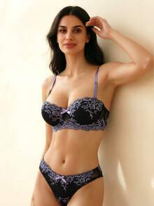 Lingerie sexy violette pour femmes, soutien-gorge dos nu confortable avec armatures, soutien-gorge push-up en dentelle fine avec maintien latéral, design dos nu, petit effet liftant de la poitrine et maintien latéral, anti-affaissement, style sexy, rehaussant la poitrine - Prune - Voir 4