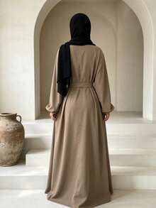 Open Front Abaya With Belt, Elastic Cuffs Modest Muslim Dress, Casual Dubai Style Islamic Clothing - Multicolor - View 9