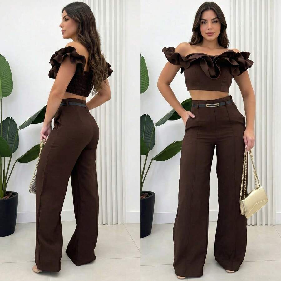 Women's Wide-Leg Pants With Belt, Tailored, Simple, Elegant, Casual, Sensual, Pocket, With Belt, Zipper, Night, Daily, Winter - 鏽棕色 - 查看 1