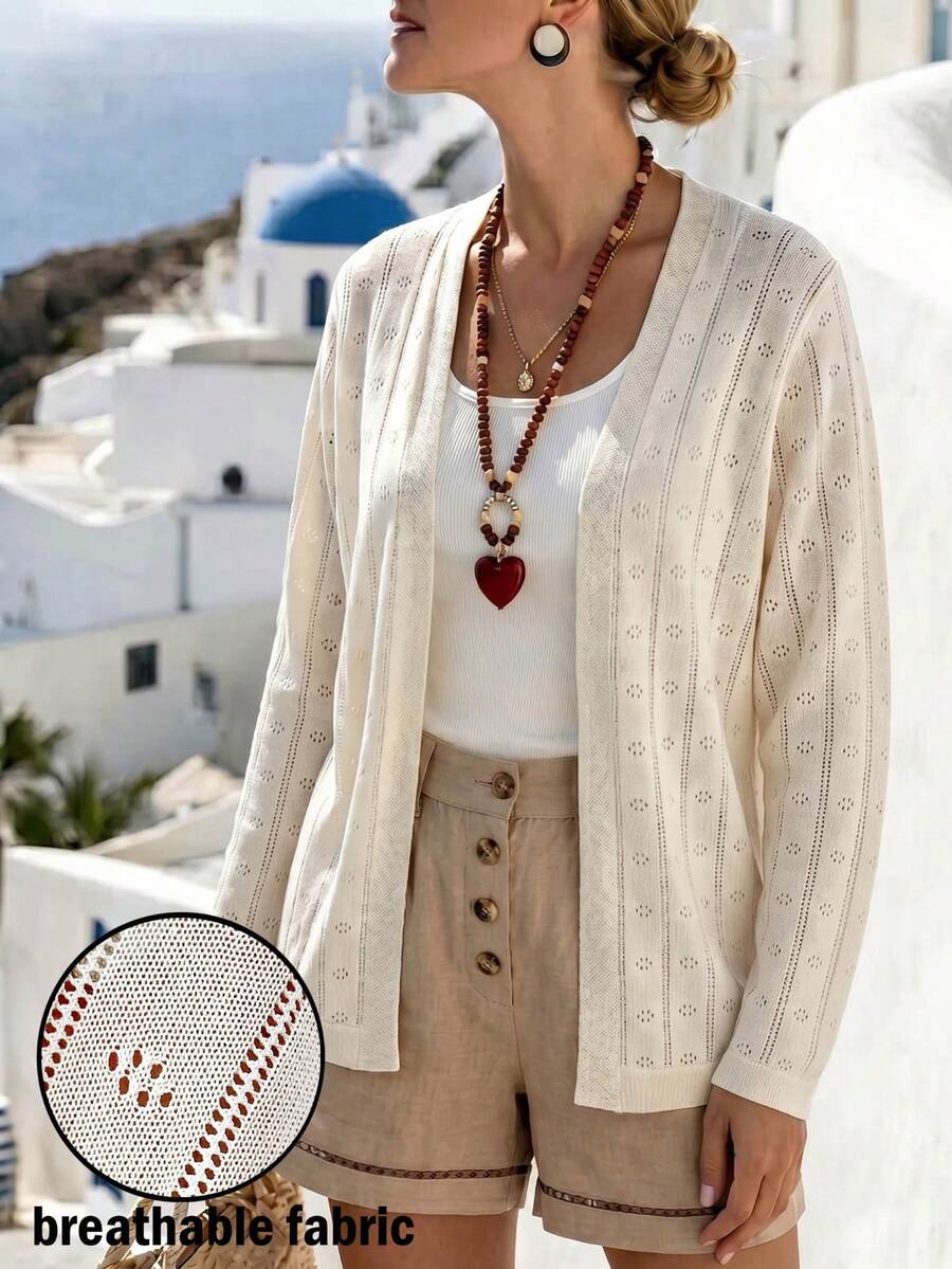 New Arrival Autumn Women's Apricot Knit Cardigan, Hollow Out Thin Cover Up. Perfect For Daily Wear, Trips, Vacations, Beaches And Seaside Bohemian Cas - Apricot - View 1