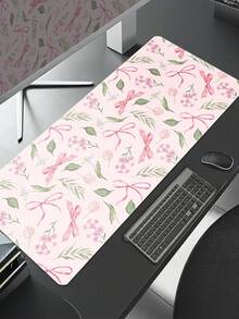 Girl Style Watercolor Pink Bow Floral Oversized Gaming Mouse Pad, Wildflower Tulip Leaf Print XXL Desk Mat, White Background Romantic Plant Non-Slip Rubber Keyboard Pad, Girl Office Desk Decor - View 1