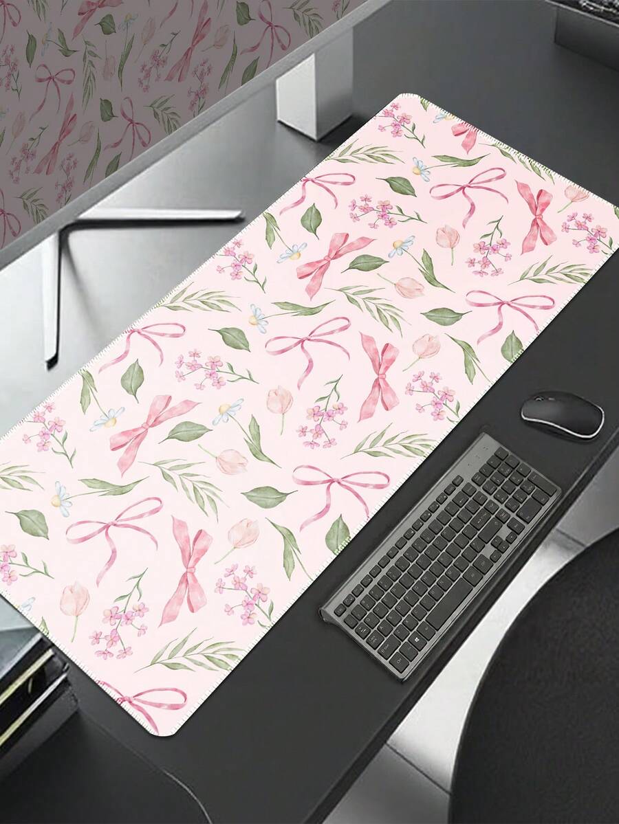 Girl Style Watercolor Pink Bow Floral Oversized Gaming Mouse Pad, Wildflower Tulip Leaf Print XXL Desk Mat, White Background Romantic Plant Non-Slip Rubber Keyboard Pad, Girl Office Desk Decor - View 1
