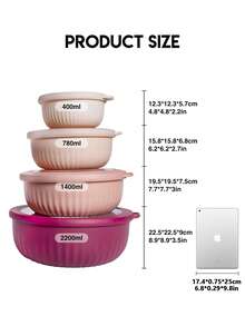 Meoky Set de 8 recipientes redondos anidados de plástico para almacenamiento de alimentos con tapas, contenedores multiusos para preparación de comidas - Rosa - Ver 2