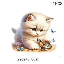 1/2/3pcs Cute Milky White Kitten Heat Transfer Iron-On Patch, Playing With Butterfly Adorable Pet Cat DIY Heat Transfer Sticker, Suitable For Clothing, T-Shirt Making, Pillow Decoration, Apparel Items And Applique - Multicolor - View 4