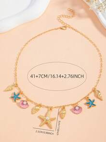 1pc Fashion ZA Pendant Necklace, Vintage Bohemian Beach Style, Starfish, Shell, Turtle And Multi-Pendant Design, Layered Collarbone Chain, Party/Holiday Gift, Versatile Accessory - Multicolor - View 3