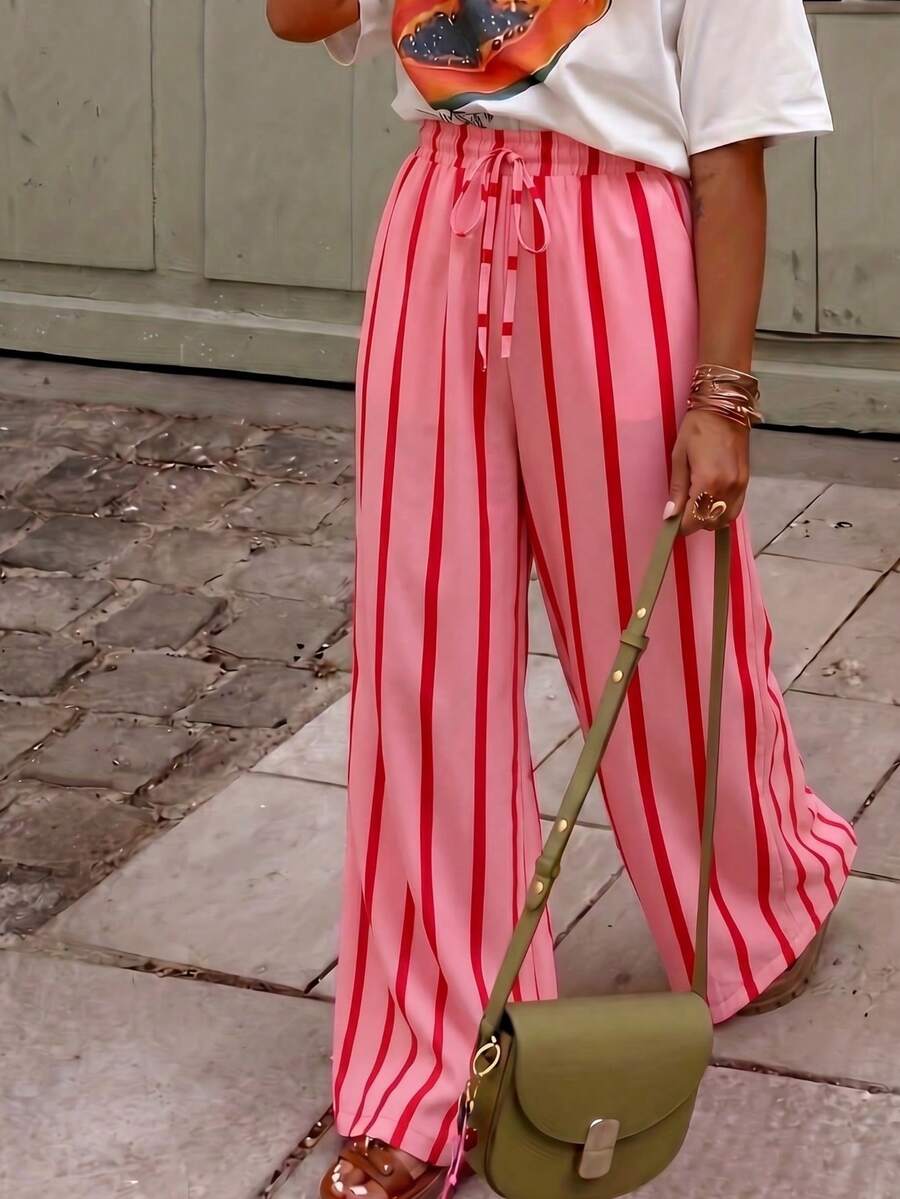 Women's Casual Striped Straight Loose Pants For Summer, Suitable For Daily Wear & Vacation - Pink - View 1
