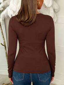 ChicMe Women's Sexy Front Twist Hollow Out Top, Gold Button Detail, Long Sleeve Slim Fit Ribbed Knit Sweater, Fashion Daily Party Wear - Coffee Brown - View 3