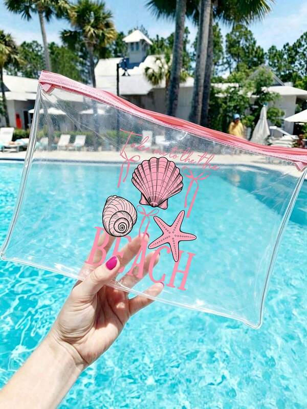 "Take Me To The Beach" 字母印花 PVC 防水海灘包，女款夏季海洋主題透明化妝包，裝飾貝殼與海星圖案，拉鍊盥洗包，多功能旅行收納袋，文具收納包，亮色拉鍊防水透明化妝收納盒，中性款，符合 TSA 標準，適合夏季海灘旅行、游泳池度假、日常出遊，可存放防曬乳、護膚品、化妝工具、文具、返校用品等，適合作為送給家人和朋友的禮物，旅行必備