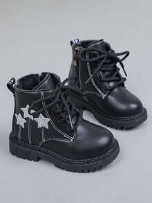 Girls' Star Pattern Thermal-Lined Boots, New Autumn/Winter British Style Soft Sole Anti-Slip Ankle Boots, Baby Toddler Warm Boots With Side Zipper Design For Easy On/Off, Versatile Wear-Resistant For Daily And Outdoor Use - Black - View 7