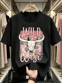 Women's Wild West Bull Skull Graphic T-Shirt, Western Casual Style, Desert Landscape Print, Short Sleeve, Casual Blouses For Ladies - 黑色 - 查看 2