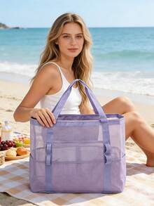 Mesh Beach Bag Large Tote Bag For Women Openwork Large-Capacity Swim Bag & Shoulder Bag Swimwear Storage Bag Foldable Handbag Toys Pool Bag Vacation - 彩色 - 查看 6