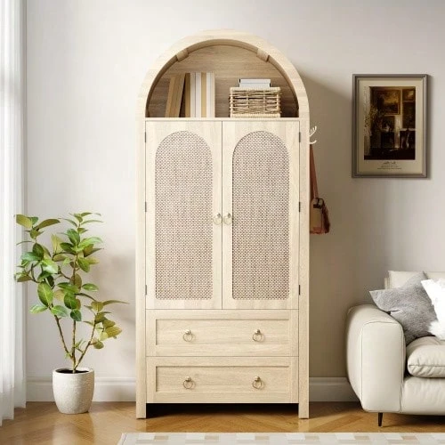 Sideboard In Wickerwork Arch Style, Double Drawers, Vintage Sideboard For Living Room And Bedroom, Storage Cabinet - Oak - 查看 1