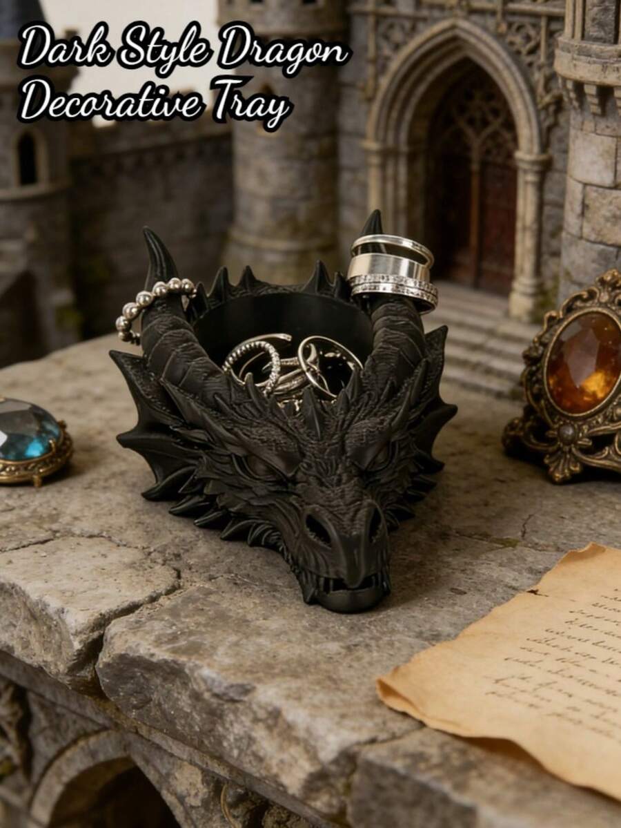 This Gothic Style Dragon Head Jewelry Tray Is A Dark Theme Desktop Ornament, Serving As Both A Practical Desktop Organizer And A Cool Decorative Piece, 3D Printed - New Model - View 1